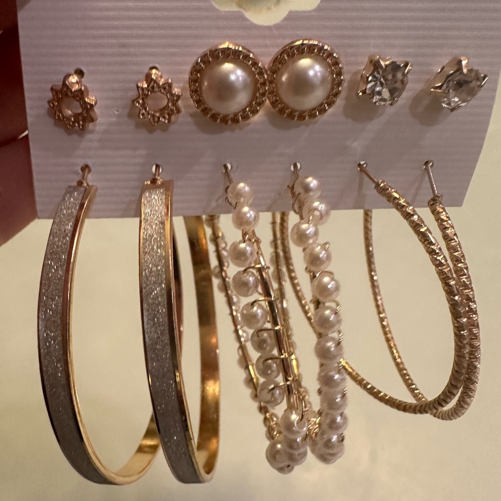 Brand new fashion earrings set of 6 pairs of hoops and studs.